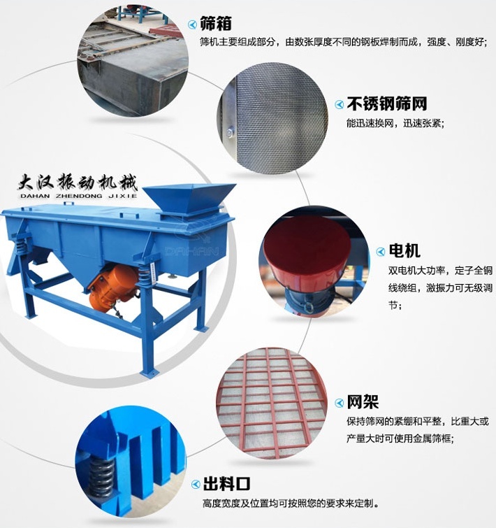 525型直線振動篩結構細節：篩箱：篩機主要組成部分，由數張厚度不同的鋼板焊制而成，強度，剛度好。不銹鋼篩網：能速換網，迅速張緊。電機：雙電機大功率，定子全銅線繞組，激振力可無級調節。網架：保持篩網的緊繃和平整，比重大或產量大時可使用金屬篩框。出料口：高度寬度及位置均可按照您的要求定制。
