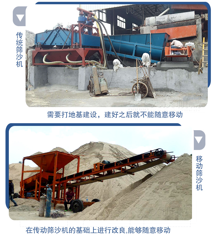 移動的篩沙機在安裝前需要打地基，而固定完畢后就不能隨意的移動，而移動篩沙機不需要打地并且隨時能夠進行移動。