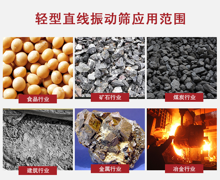 輕型直線振動篩應(yīng)用范圍較廣多使用與顆粒狀，粉狀以及其它重型行業(yè)的輸送。