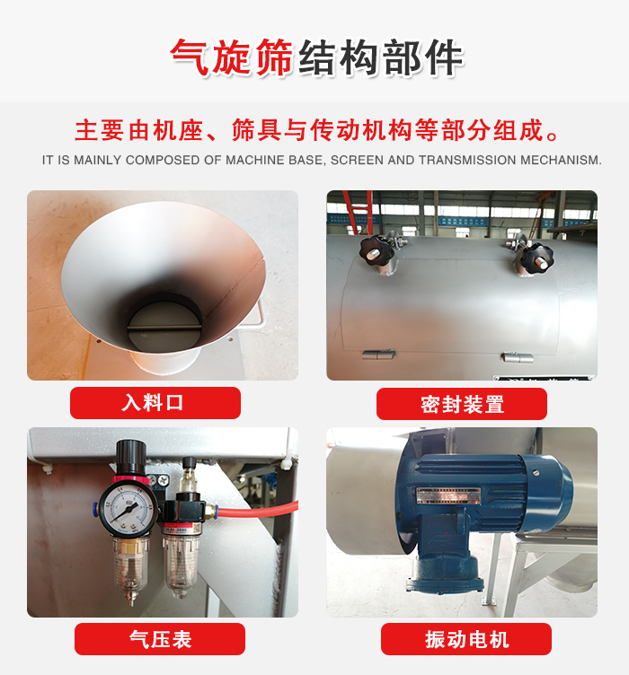 氣旋篩結構：入料口，密封裝置，電機，氣壓表等
